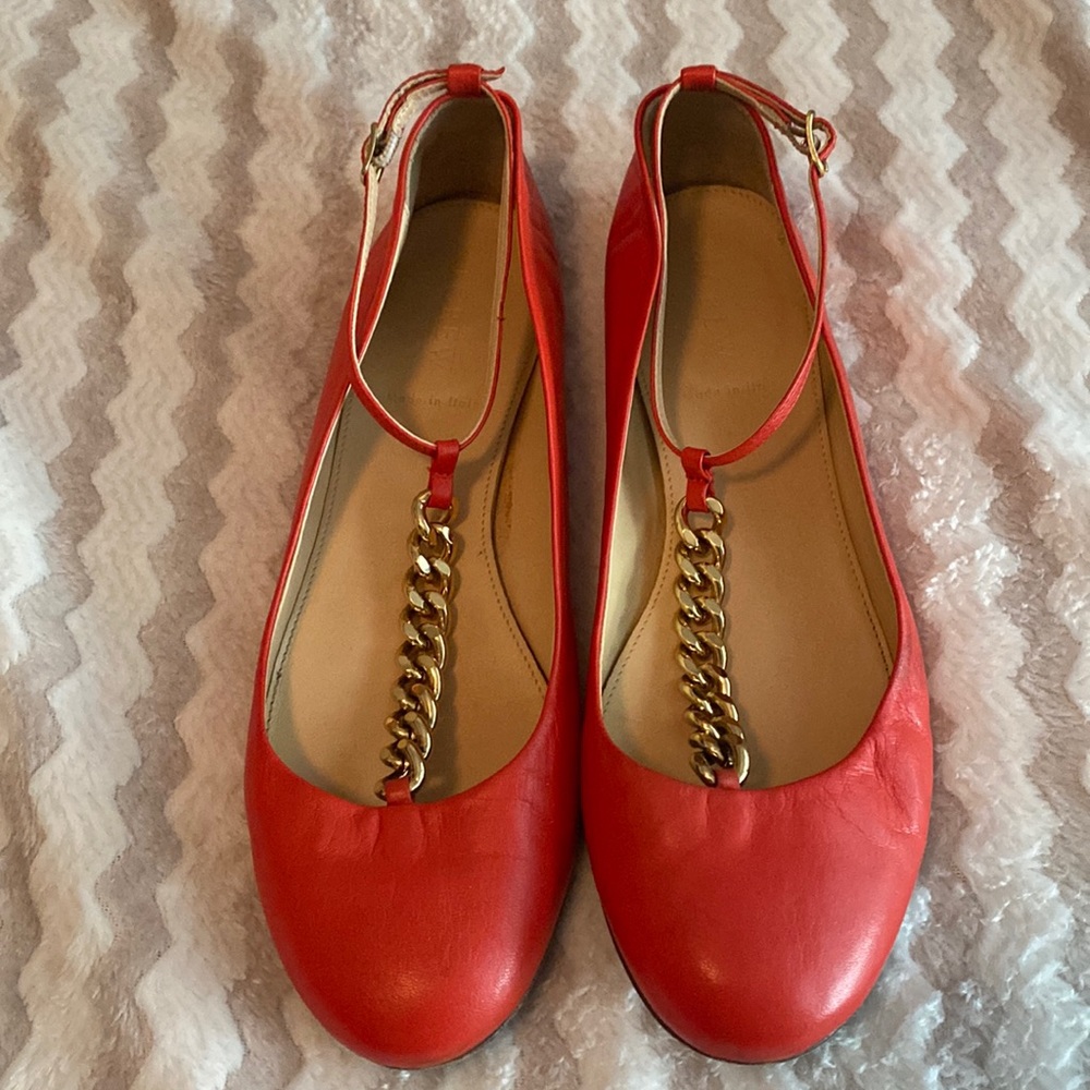 J. Crew Red Leather Flats with Gold Chain Size 7.5